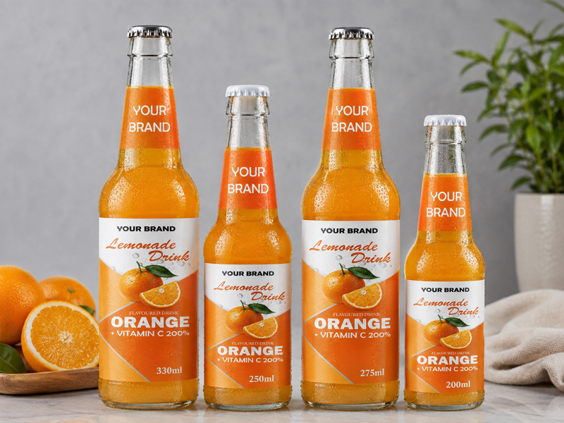 LEMONADE DRINK Orange flavored drink available in 330ml, 250ml, 275ml, and 200ml glass bottles.